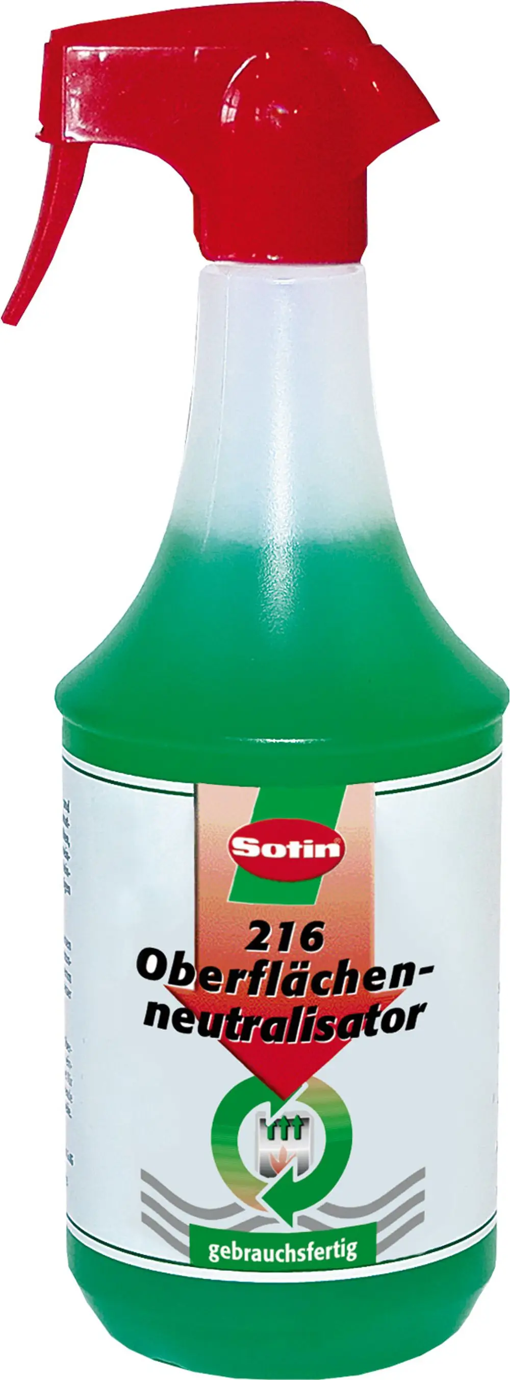 Grüner Sprayreiniger in einer transparenten Flasche mit rotem Sprühkopf. Produkt der Marke Bosch, zur Neutralisation von Oberflächen geeignet.