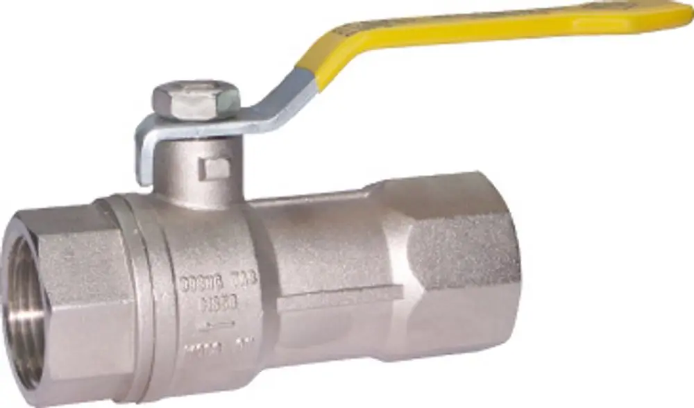 Gas-Kugelhahn mit einer gelben Bedienhebel und einem metallischen Körper. Die Marke Bosch ist am Ventil angezeigt. Geeignet für die Installation im Gasbereich.