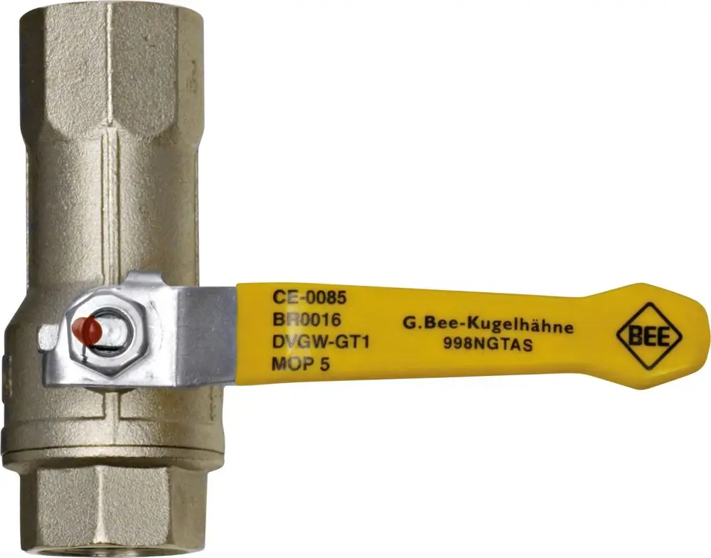 Gas-Kugelhahn mit gelbem Hebel und metallischem Gehäuse. Optik der Marke Bosch, geeignet für Installationsanwendungen.