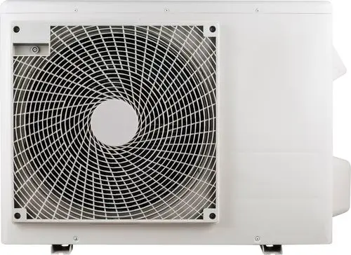 Luft-Wasser-Wärmepumpe mit ventiliarem Kühlsystem, seitliche Ansicht des Gehäuses mit Ventilatorgitter in spiralform.