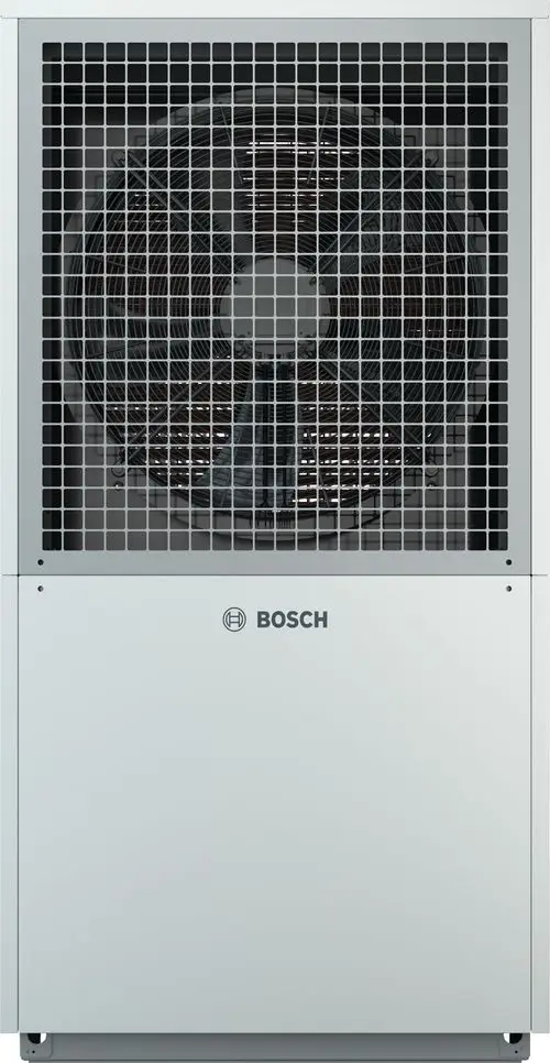 Wärmepumpe von Bosch mit großem Lüfter, umgeben von einem grauen Gitter, in einem modernen und schlichten Design.