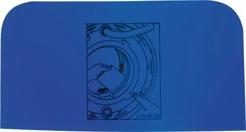 Blauer Reinigungsspachtel mit grafischer Anleitung zur Anwendung. Zeigt eine Hand, die eine Reinigungskarte in eine Maschine von Bosch einführt.