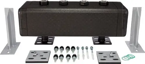 Heizkreisverteiler von Bosch für Luftwärmepumpen, bestehend aus einem kompakten Gehäuse mit Anschlussmöglichkeiten und Montagematerial.