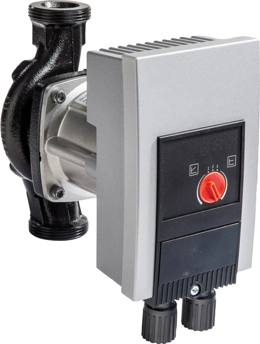 Pumpe mit schwarzem Gehäuse und silbernem Motor, ausgestattet mit einem Steuergerät und zwei Anschlussleitungen, hergestellt von Bosch.