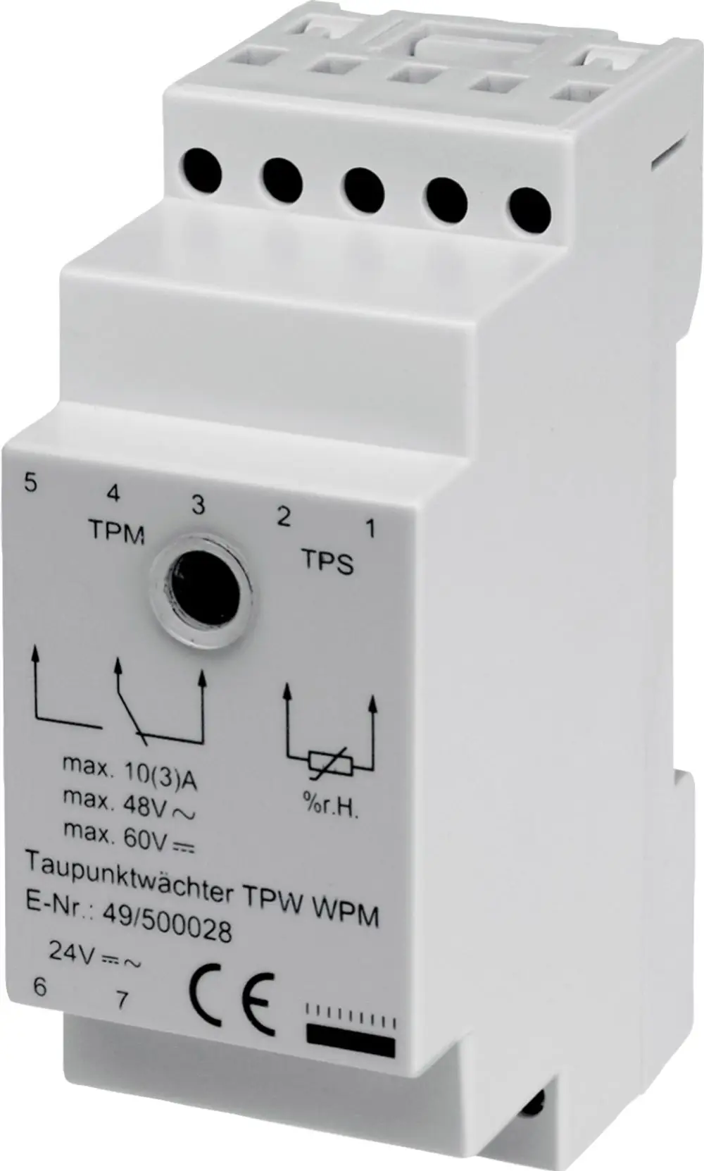 Weißes elektronisches Gerät mit Anschlussmöglichkeiten, zur Regelung von Taupunkten in Kühlbetrieben, möglicherweise von Bosch, mit verschiedenen technischen Spezifikationen und Schaltbildern.