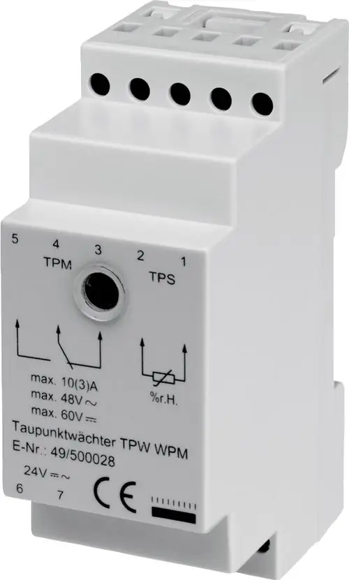 Weißes elektronisches Gerät mit Anschlussmöglichkeiten, zur Regelung von Taupunkten in Kühlbetrieben, möglicherweise von Bosch, mit verschiedenen technischen Spezifikationen und Schaltbildern.