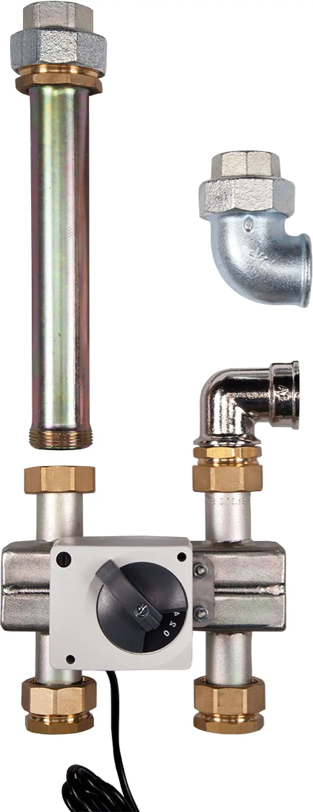 Mischermodul mit verschiedenen Metallrohren und Fittings, einschließlich einem Regler. Geeignet für Anwendungen in Luftwärmepumpensystemen von Bosch.