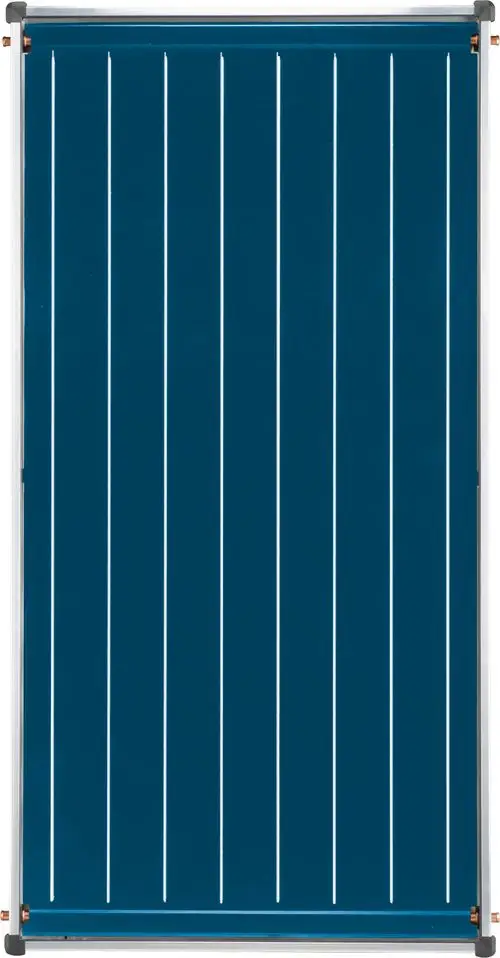 Dunkelblauer Flachkollektor mit weißen Linien auf der Oberfläche, umgeben von einem silbernen Rahmen. Ideal für Solarthermieanlagen.