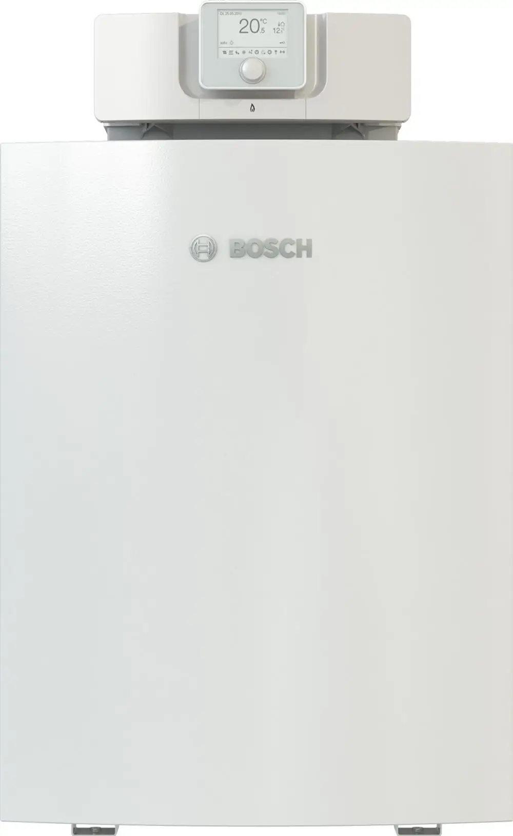 Weißer, bodenstehender Heizkessel von Bosch mit digitalem Display zur Temperaturregelung und Steuerung, für die Heizungsinstallation geeignet.