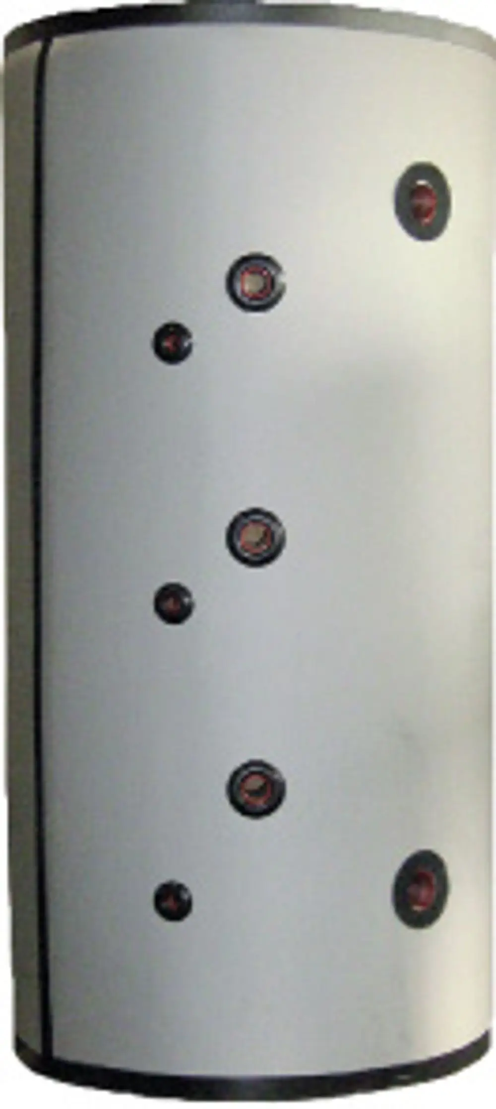 Pufferspeicher in zylindrischer Form, überwiegend in Weiß, mit mehreren schwarzen Elementen. Gesehenes Komponentenlayout deutet auf Verwendung in Heizsystemen hin, mögliche Anwendung mit Bosch Produkten.