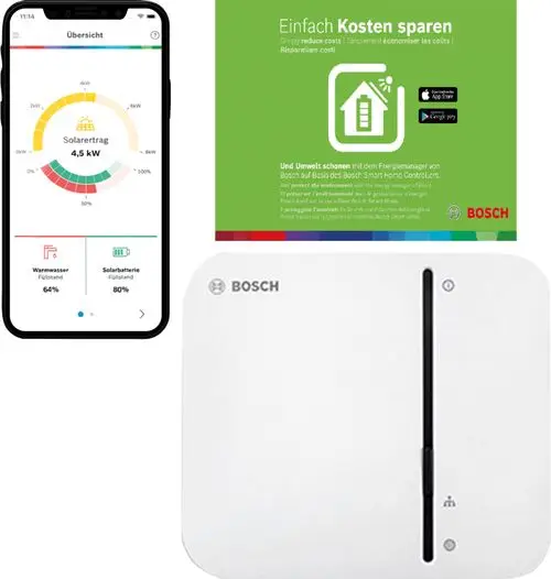 Smart Home Energiemanagement von Bosch: App-Übersicht mit Solardaten, Informationen zu Warmwasser und Solarbatteire, sowie das Bosch Steuergerät.