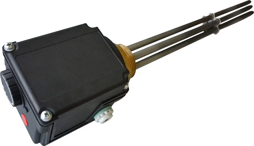 Elektroheizung mit drei Heizrohren, ausgestattet mit einem schwarzen Gehäuse und Steuerungselementen, designt für den Einsatz in Heizsystemen, eventuell von Bosch.