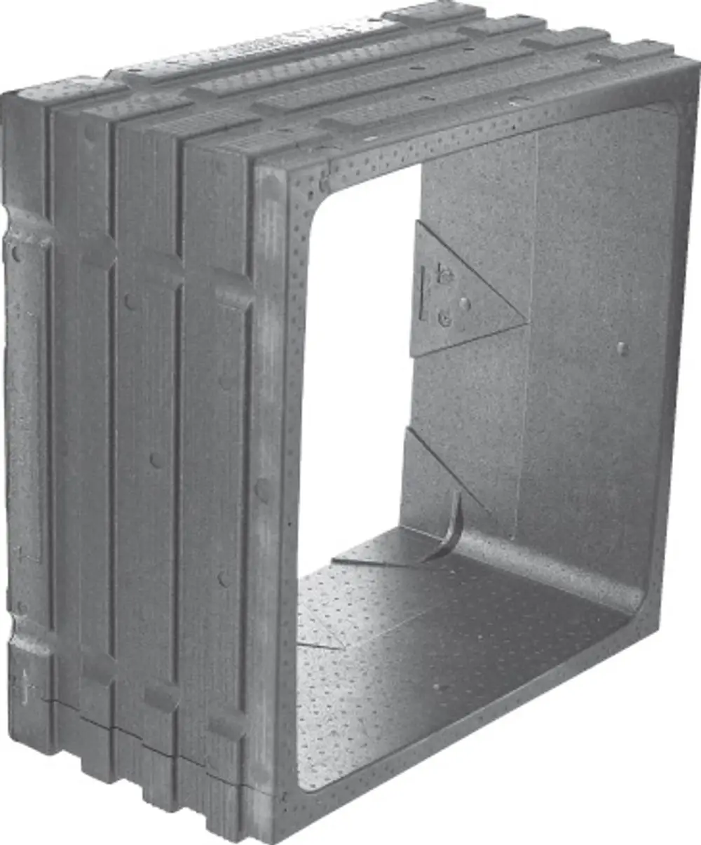 Wanddurchführung aus grauem Material, geeignet für Luftwärmepumpen von Bosch, mit rechtwinkliger Öffnung und strukturierten Oberflächen.