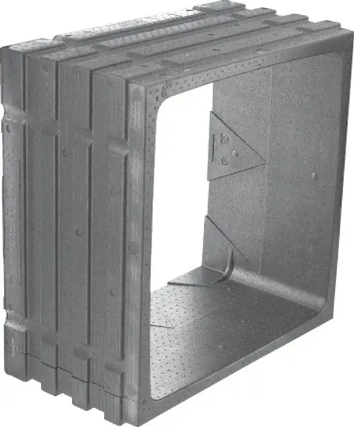 Wanddurchführung aus grauem Material, geeignet für Luftwärmepumpen von Bosch, mit rechtwinkliger Öffnung und strukturierten Oberflächen.