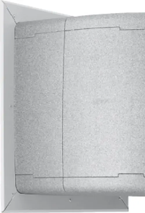 Schutzblende aus grauem Material für Luftkanäle, montiert in einer rechteckigen Form. Geeignet für Luftwärmepumpen von Bosch.