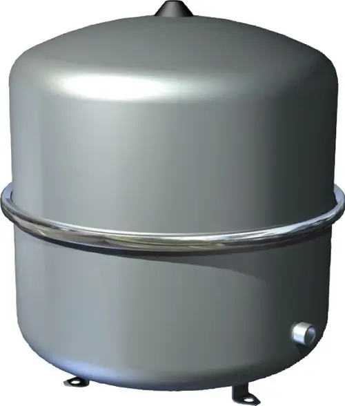 Silbernes Ausdehnungsgefäß von Bosch für Solewärmepumpen, mit rundem Design und einem Anschluss, zur Druckregulierung in Heizsystemen.