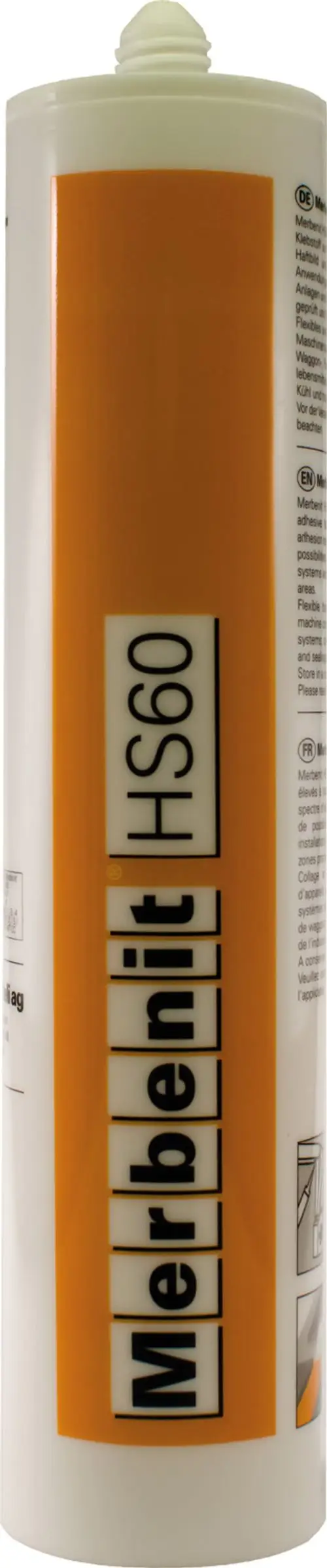 Weißer Dichtmittelbehälter mit orangefarbenem Etikett, beschriftet mit "Merbenlit H-S60". Produkt für die Dichtungsanwendung, möglicherweise von Bosch.