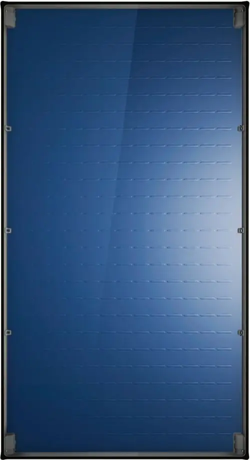 Flachkollektor mit blauer Oberfläche und strukturiertem Design, geeignet für die Installation von Solarthermieanlagen.