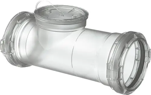 Bosch Abgaszubehör mit flexibler Verbindung und Prüföffnung, präsentiert in transparentem Design. Das Rohr hat Anschlüsse auf beiden Seiten zur Überprüfung.