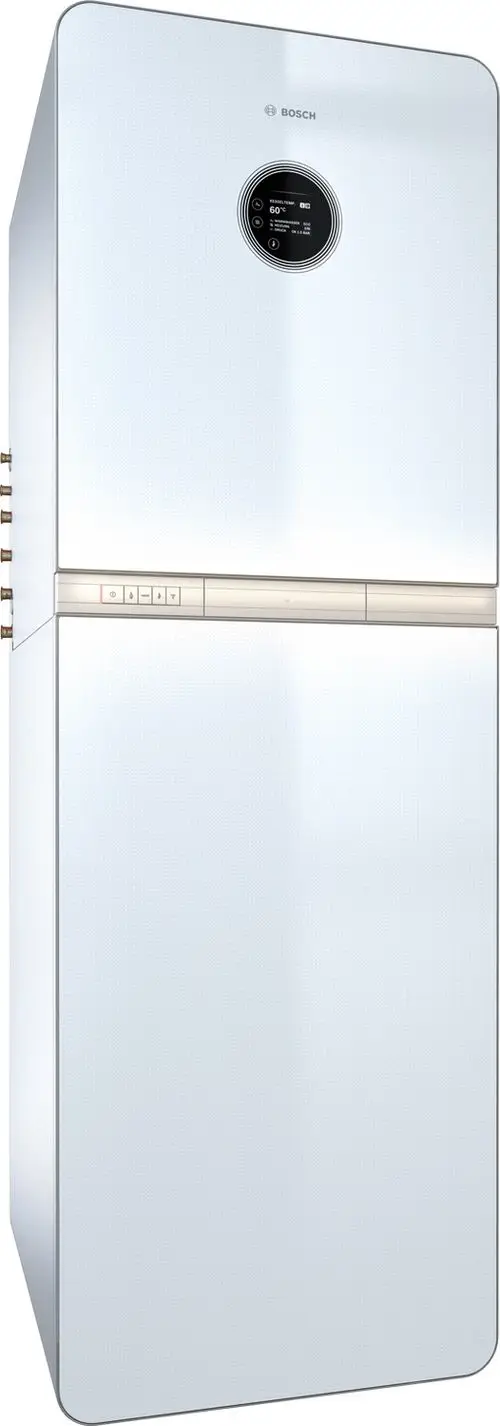 Weißer, moderner Kühlschrank mit digitalem Display und Bedienfeldern an der Vorderseite im oberen Bereich, und einem minimalistischen Design.