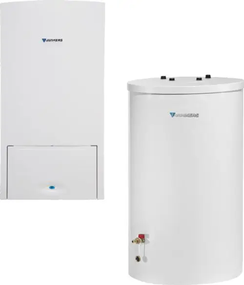 Gasheizung und Warmwasserspeicher in modernem Design, beide in weißer Ausführung, auf hellem Hintergrund.