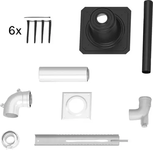 Verschiedene Teile eines Abgaszubehör-Kits von Bosch, einschließlich Rohre, Winkel, Halterungen und Befestigungselemente, angeordnet auf einem weißen Hintergrund.