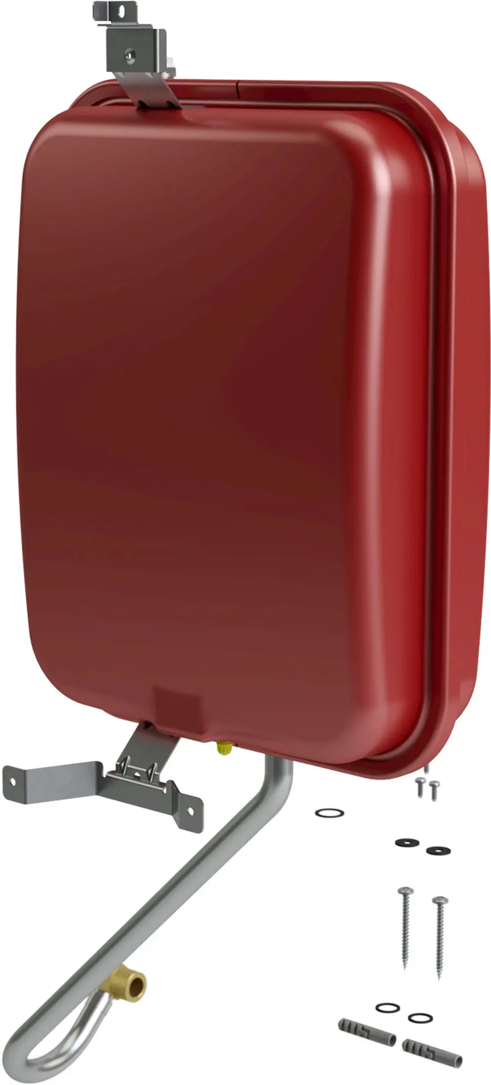 Rotes Ausdehnungsgefäß mit metallischer Halterung und Anschlussrohr, Zubehör für Heizsysteme von Bosch, inklusive Montagezubehör wie Schrauben und Dichtungen.