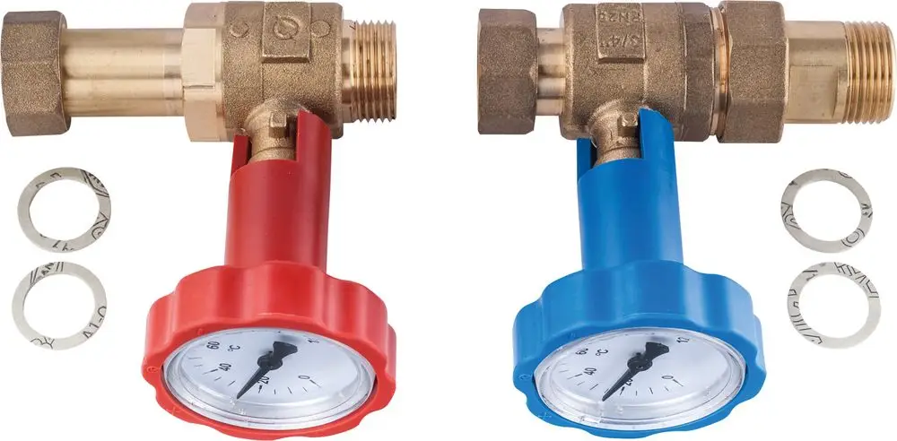 Zwei Heizungsventile mit Druckmanometern in Rot und Blau, hergestellt von Bosch. Dazu zwei Dichtungen.