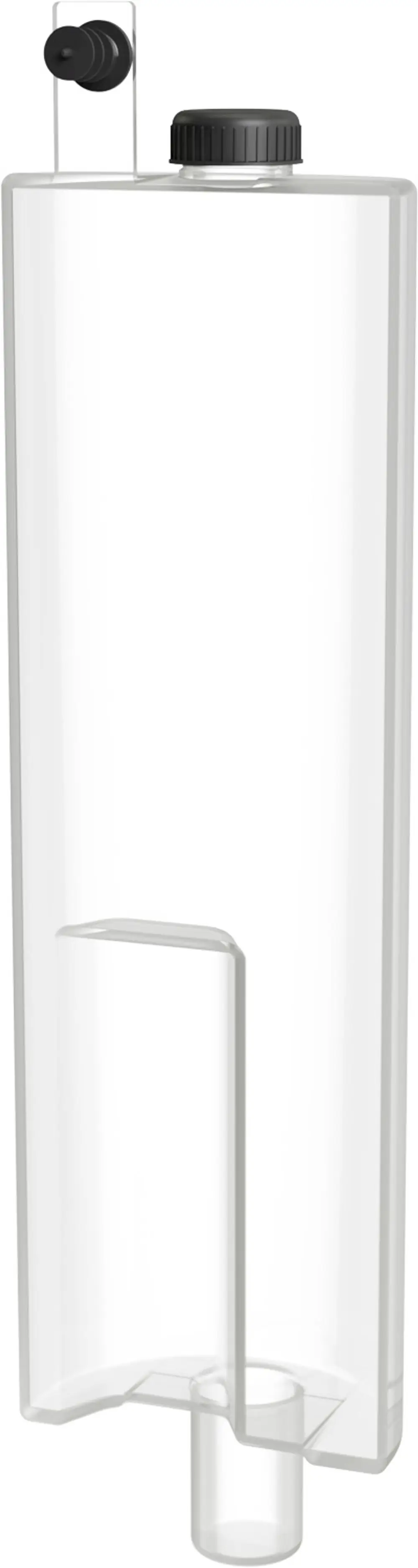 Transparenter Auffangbehälter für Wärmeträgerflüssigkeit mit schwarzem Deckel und Anschluss, hergestellt von Bosch. Ideal für Installationszwecke.