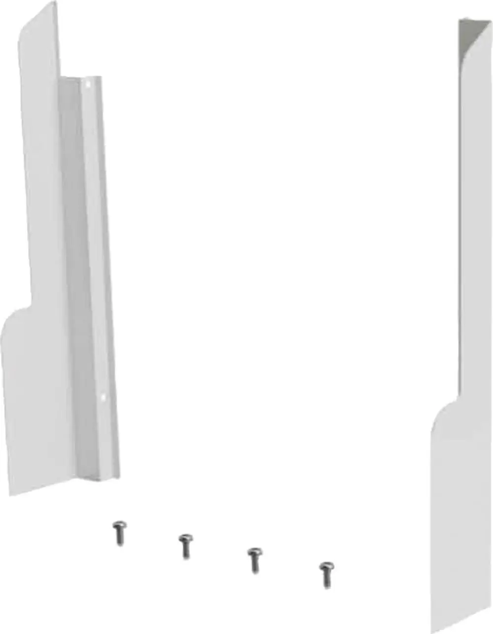 Zwei weiße Seitenblenden aus Metall mit vier Schrauben zur Montage. Zubehörteil von Bosch zur Anbringung an einem Basis-Modul.