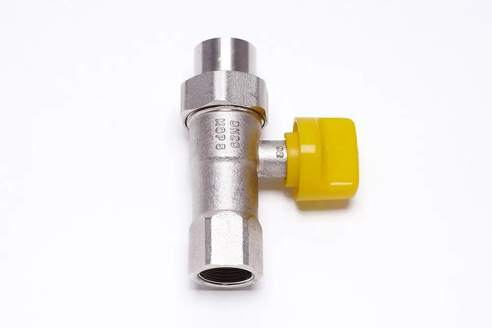 Gashahn mit gelbem Griff und metallischem Gehäuse, für Gasinstallationen geeignet, Hersteller Bosch, in Durchgangsform.