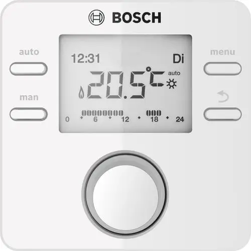 Weißer digitaler Thermostat von Bosch mit Temperaturanzeige von 20,5°C, Uhrzeit 12:31, Wochentag Di und Bedienknopf in der Mitte.