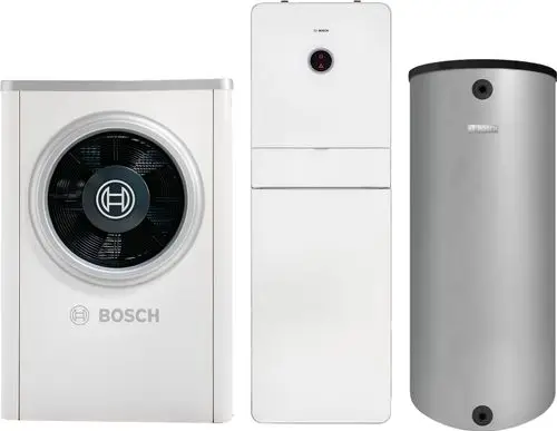 Drei Geräte der Bosch Compress 7000i Serie: eine Außenluft-Wärmepumpe mit einem großen Ventilator, ein Korpus und ein runder Warmwasserspeicher.