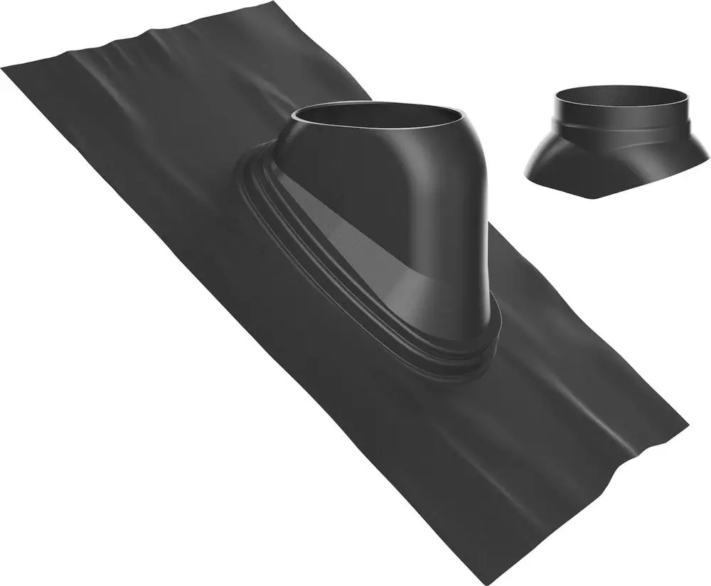 Schwarze Universalbleipfanne mit einem erhobenen, runden Anschluss. Das Produkt gehört zur Abgaszubehör-Serie von Bosch.