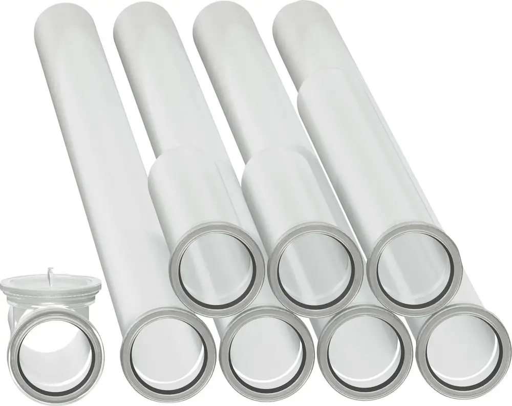 Set mit mehreren geraden Rohren aus Kunststoff, einem Revisionsrohr und einer Wandmanschette, hergestellt von Bosch. Rohre haben einen runden Querschnitt und sind in heller Farbe.