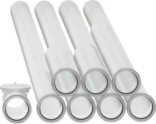 Set mit mehreren geraden Rohren aus Kunststoff, einem Revisionsrohr und einer Wandmanschette, hergestellt von Bosch. Rohre haben einen runden Querschnitt und sind in heller Farbe.