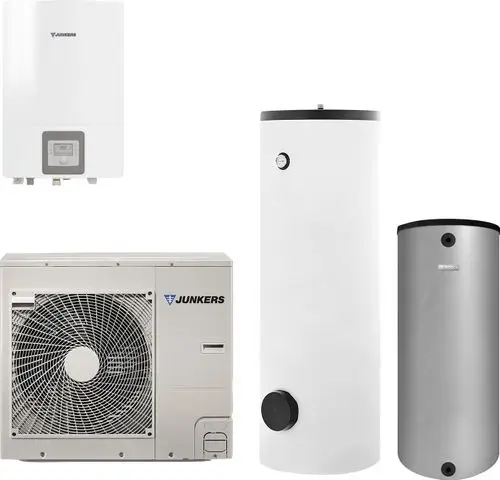 Vier Heizgeräte, darunter eine Wandheizung, ein Außengerät mit Ventilator und zwei Warmwasserspeicher in unterschiedlichen Farben und Formen, alle mit Logo und Markennamen.