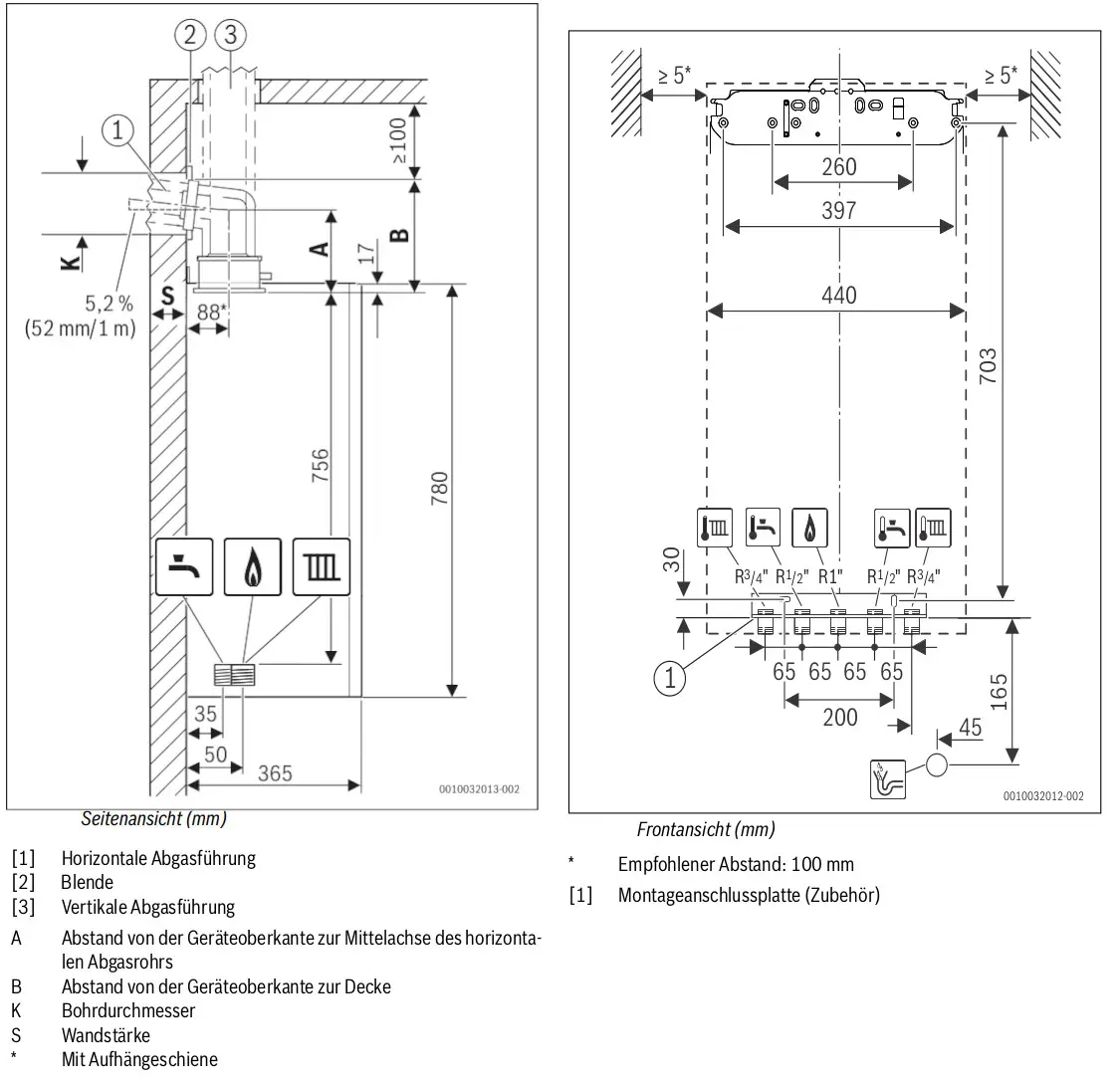 Technische Zeichnungen eines wandhängenden Gas-Brennwertgeräts von Bosch, mit Seiten- und Frontansicht, die Maße und Anschlussdetails zeigen.