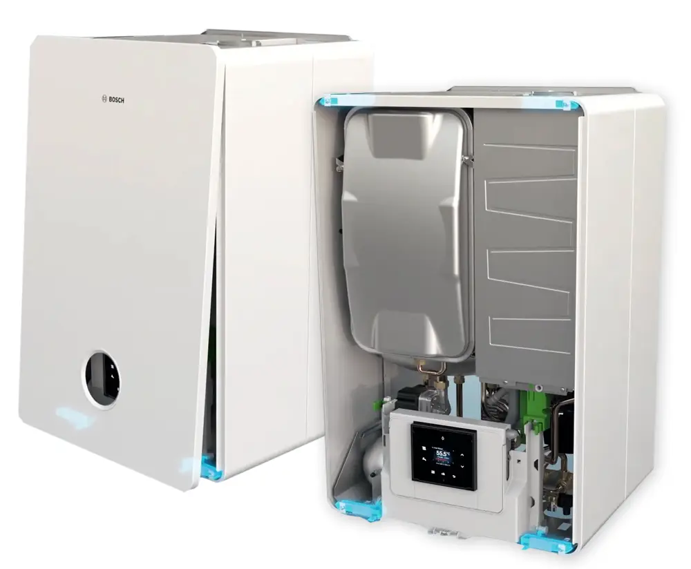 Weißes, wandhängendes Gas-Brennwertgerät von Bosch mit geöffneter Vorderseite, die die innere Technik und Steuerungseinheit zeigt.