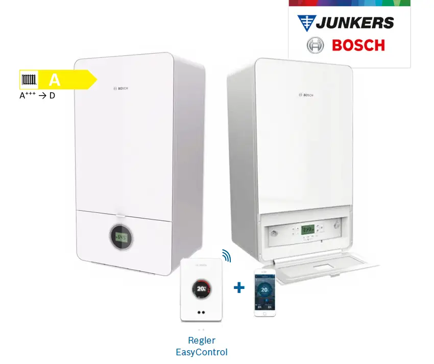 Wandhängendes Gas-Brennwertgerät von Bosch in weißer Ausführung. Anzeige zur Temperatureinstellung und optionale Steuerung über ein Mobile Device.
