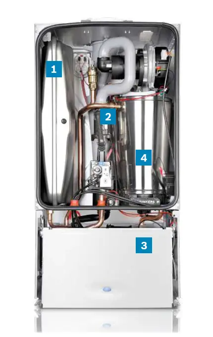 Gas-Brennwertgerät von Bosch, wandhängend, mit verschiedenen Komponenten sichtbar. Rohrleitungen und elektronische Bauteile sind im Inneren angeordnet und gut erkennbar.