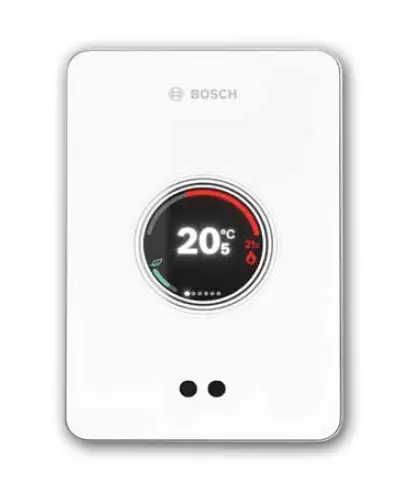 Bosch-Thermostat mit digitaler Anzeige, Temperaturanzeige von 20°C, zwei Symbole für Temperatursymbolik, auf weißem Hintergrund in modernem Design.