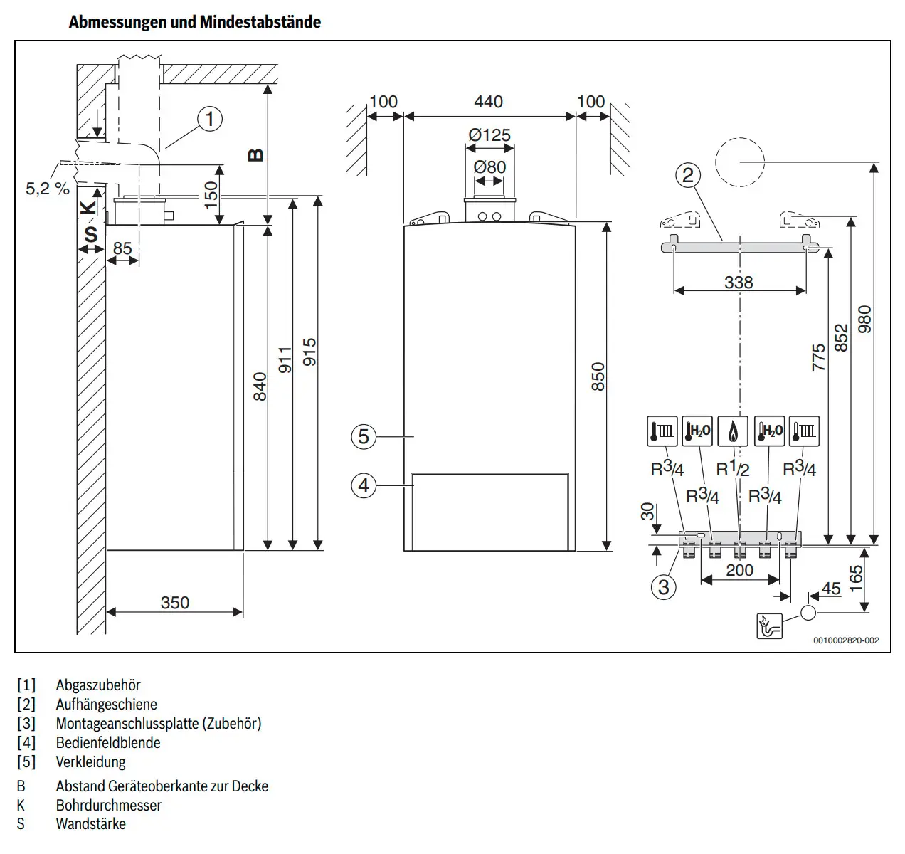 Schaltschema eines wandhängenden Gas-Brennwertgeräts von Bosch mit Maßangaben für Montage und Abstände. Technische Zeichnung mit Anschlüssen und Abmessungen.
