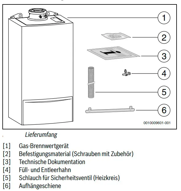 Bosch Gas-Brennwertgerät mit Komponenten, einschließlich Montagezubehör, technischer Dokumentation, Füll- und Entleerhahnen sowie Sicherheitsventilschlauch.
