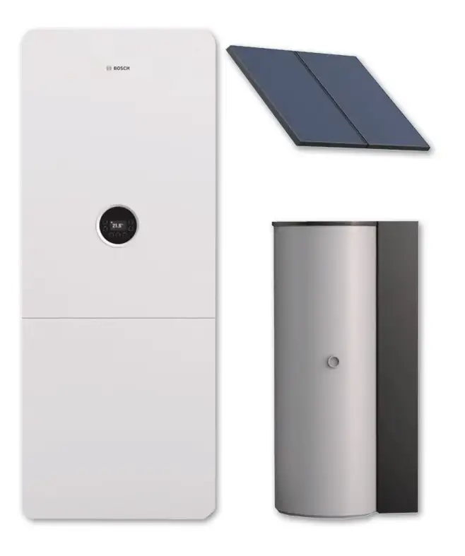 Bosch Gas-Brennwertgerät in kompaktem Design, kombiniert mit zwei Solarmodulen und einem zylindrischen Warmwasserspeicher. Komponenten für Heizungs- und Warmwasserbereitung.