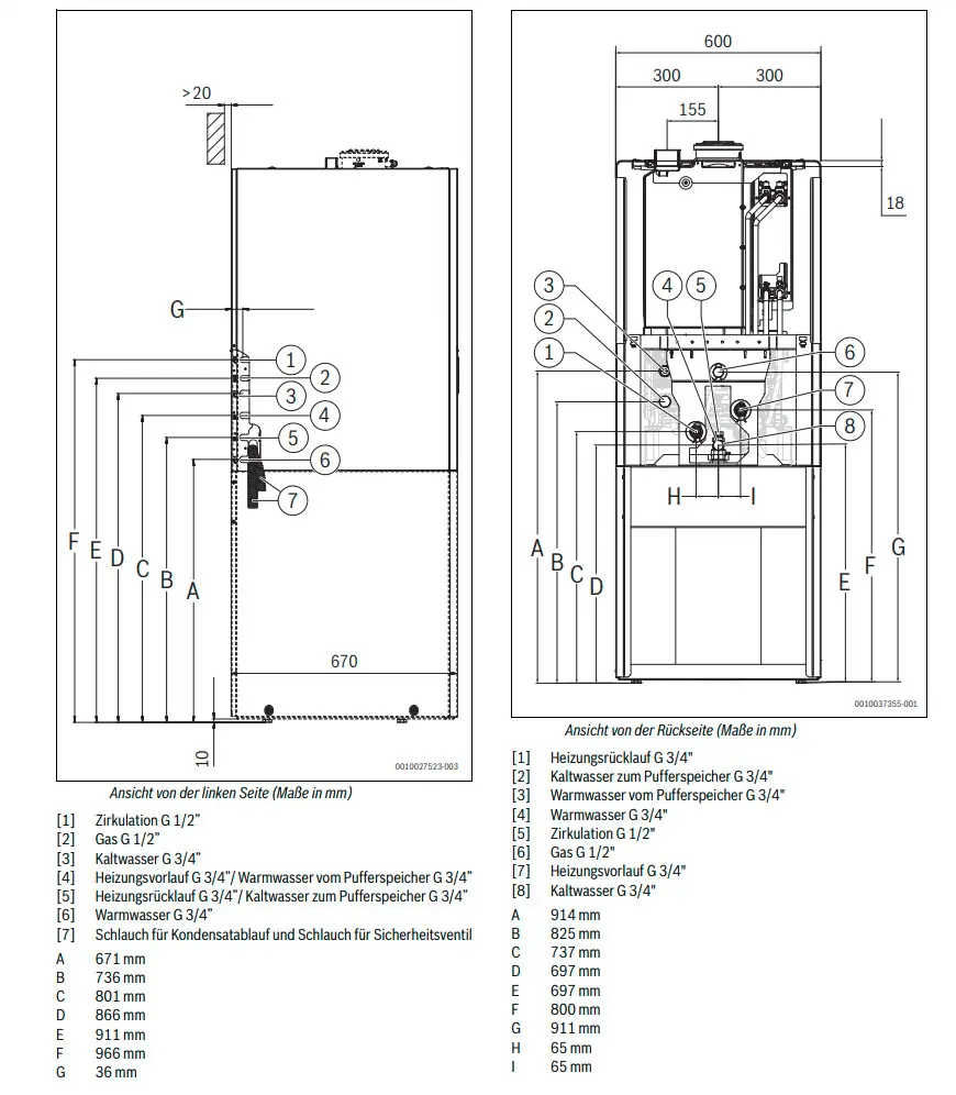 Technische Zeichnung eines Bosch Gas-Brennwertgeräts mit Anschlüssen und Maßen. Seitliche und rückseitige Ansichten mit Installationshinweisen für Wasser und Gas.