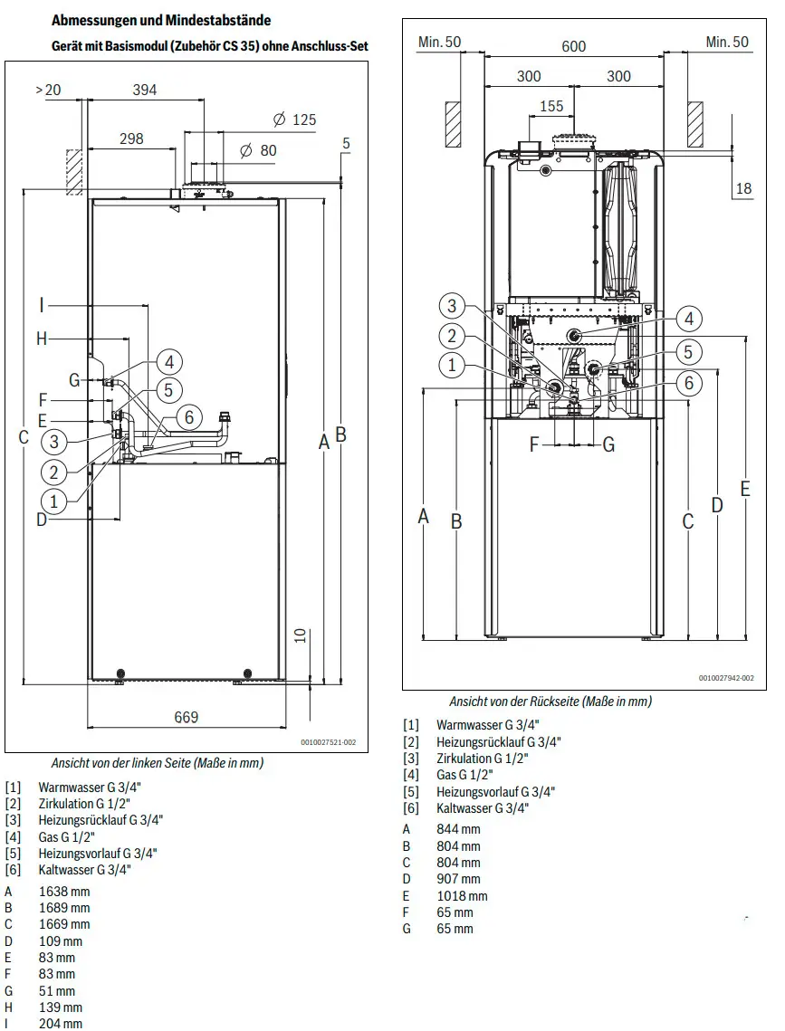 Technische Zeichnung eines kompakten Heizgeräts von Bosch mit verschiedenen Ansichten, Maßen und Anschlussdetails, inkl. Wasser- und Gasanschlüssen.