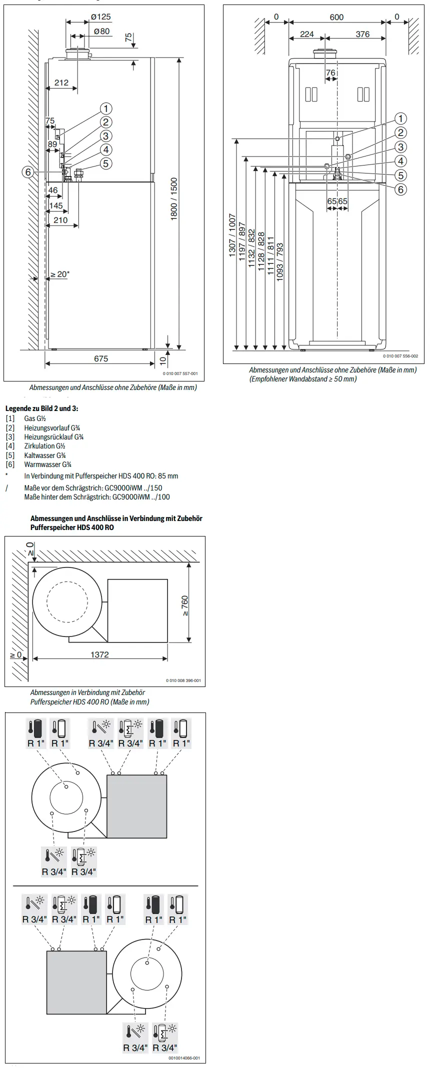 Bosch Gas-Brennwertgerät mit schematischen Abmessungen und Anschlüssen, einschließlich Warmwasser- und Heizungsanbindung. Technische Zeichnungen mit Maßangaben.