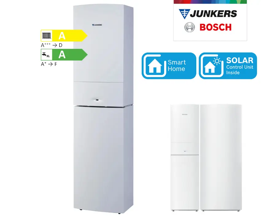 Vertikales, weißes Kühlgerät mit einer oberen Tür und einer unteren Tür. Es zeigt Energieeffizienzklasse A und ist mit Smart Home und Solarsteuerung gekennzeichnet. Marke Bosch.