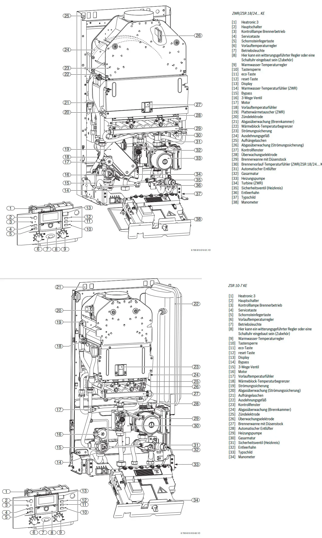 Gas-Heizwertgerät von Bosch, wandhängend, mit schematischer Darstellung der Komponenten und Bezeichnungen, einschließlich Steuerungselemente und Sicherheitsvorrichtungen.